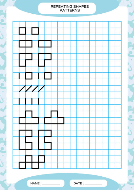 重复的模式。描摹线条活动，专为学龄前儿童设计。练习精细运动技能的工作表。简单的形状。完成这个图案。蓝色A4图片下载