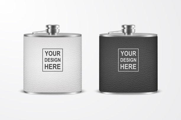 矢量3d现实皮革空白不锈钢髋瓶设置特写孤立在白色背景。设计模板的酒精旅行集装箱模拟，包装，广告，标志。前视图图片下载