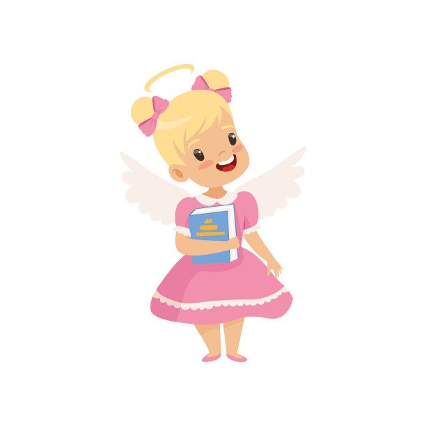 带光环的小飞女孩站在她的头上的书，可爱的孩子与良好的礼貌矢量插图图片下载