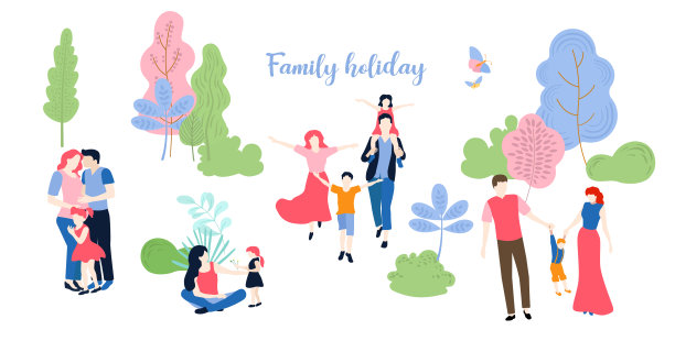 家庭度假。带着孩子的人们周末在户外，在城市公园散步。图片下载