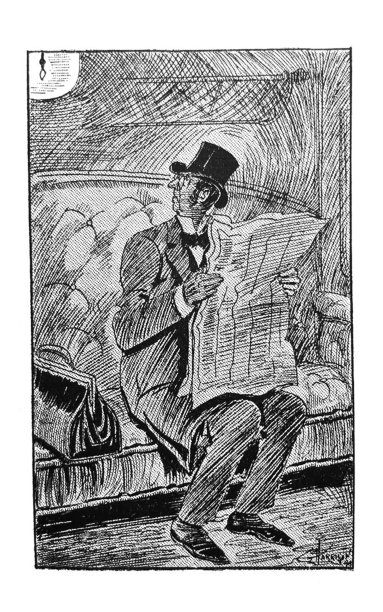 英国讽刺漫画漫画插图男人在黑暗的火车上读报纸图片下载