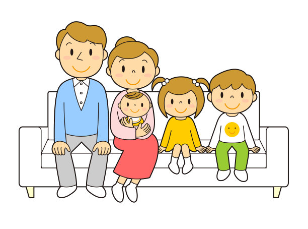 一张五口之家坐在客厅沙发上的插图图片下载