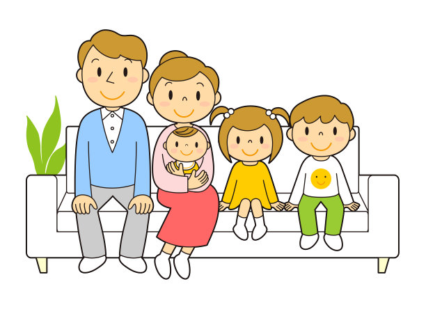 一张五口之家坐在客厅沙发上的插图图片下载