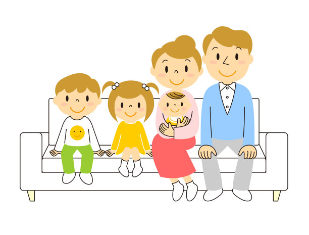 一张五口之家坐在客厅沙发上的插图素材图片