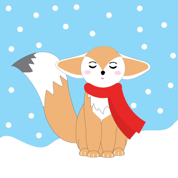 圣诞插图与可爱的耳廓狐狸在雪落下的背景适合圣诞儿童贺卡图片下载