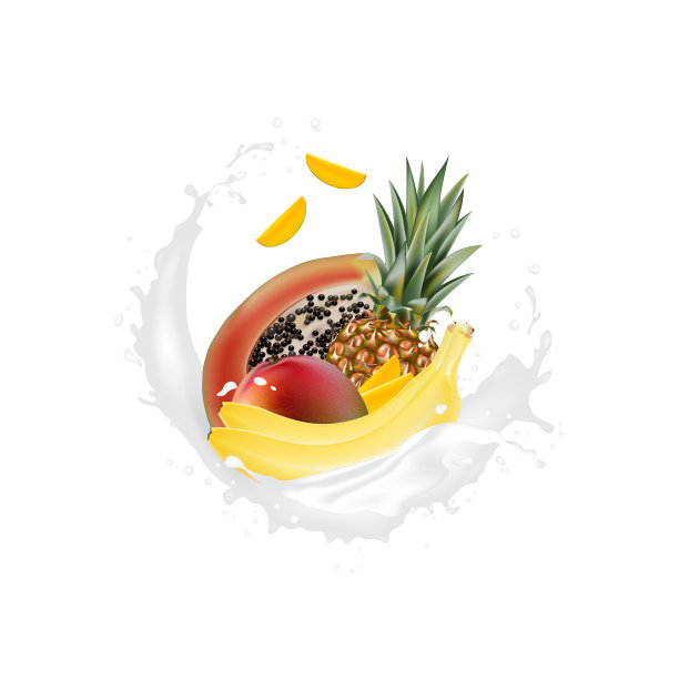 新鲜的3d逼真的水果片与果汁牛奶酸奶飞溅滴孤立在白色背景。包装模板。逼真的有机水果乳制品。图片下载