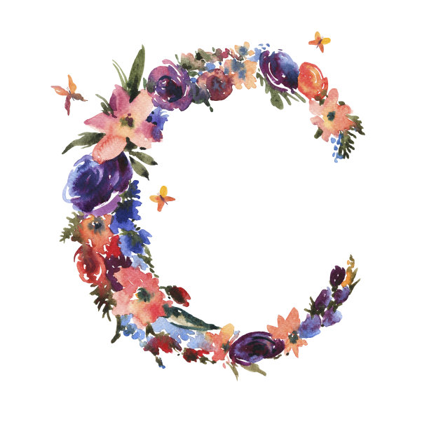花水彩字母C制成的花，孤立的夏季字母在白色的背景图片下载