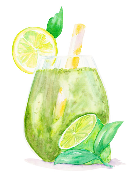 柠檬奶昔在一个玻璃装饰一片柠檬，薄荷和饮用稻草背景手绘插图与剪报路径图片下载