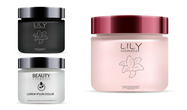 圆形黑色、白色和玫瑰色哑光玻璃罐。奶油图片下载