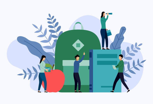 扁平的红苹果与书和背包，矢量插图图片下载