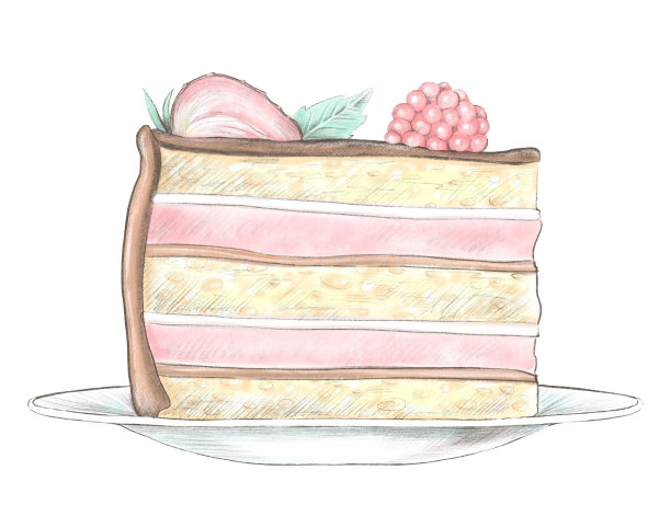 水彩和铅笔画的蛋糕与浆果在盘子上图片下载