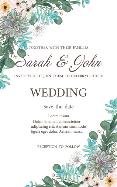 婚礼请帖上的叶子和花朵，水彩画，孤立在白色上。图片下载