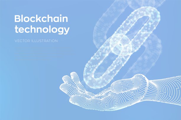 车链。加密的货币。区块链的概念。3D线框链与数字块在机械手。可编辑的加密货币模板。股票矢量插图。图片下载