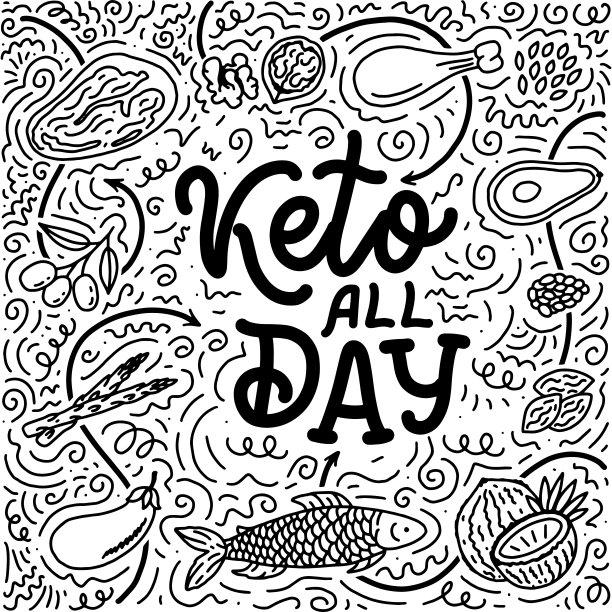 草图字母与酮饮食涂鸦元素的概念设计。手绘插图。生酮食物图片下载