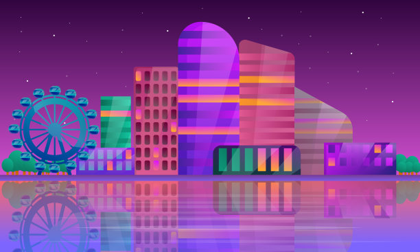 城市夜间全景图，矢量图图片下载