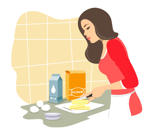 漂亮的女孩会做糕点。削减黄油。烘烤。白色背景上的矢量隔离。图片下载