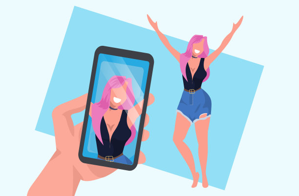 手持智能手机，在相机上拍照，随意的女性举手站立姿势，女性卡通人物摆平，全长水平图片下载