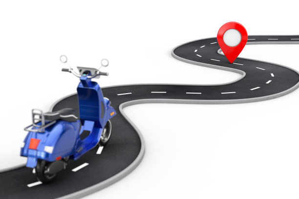 蓝色经典复古或电动滑板车跟随在蜿蜒的道路到目的地红色大头针目标指针在道路的尽头。3d渲染图片下载