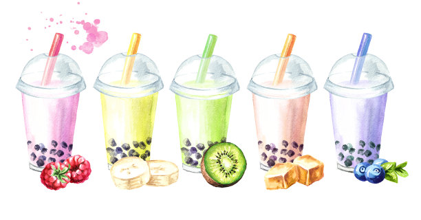 水果奶茶波霸风味珍珠奶茶水彩插画素材图片