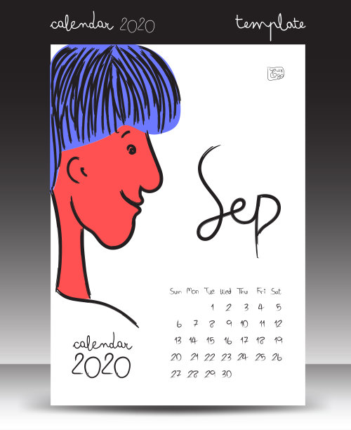 2020年日历，刻字日历，2020年1月模板，手绘卡通矢量插图可用于明信片，礼品卡，横幅，海报，卡片和打印图片下载