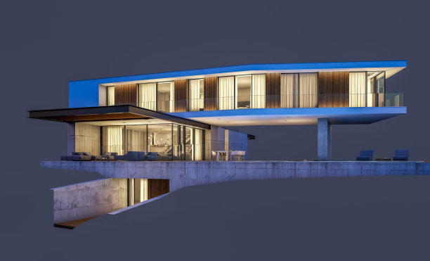 现代住宅在山上的3d渲染与游泳池在夜晚孤立的灰色图片下载