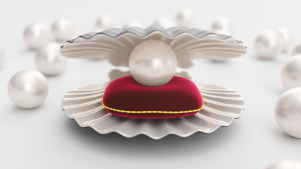 红色天鹅绒枕头上的珍珠贝壳。宝石，女性珠宝，珍珠。你的横幅，海报，logo。闪亮的珍珠。贝壳，多个美丽的珍珠，3d插图图片下载