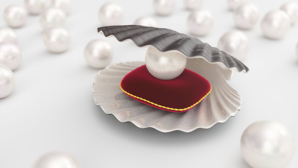 红色天鹅绒枕头上的珍珠贝壳。宝石，女性珠宝，珍珠。你的横幅，海报，logo。闪亮的珍珠。贝壳，多个美丽的珍珠，3d插图图片下载