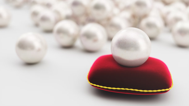 一颗珍珠在一个柔软的红色天鹅绒枕头上的3d渲染与一个金色的描边。美丽的珍珠，昂贵的女性首饰。背景上多颗美丽的珍珠，美丽闪亮的海珠图片下载