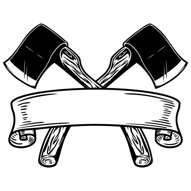 带丝带的两把交叉的斧头。设计元素的标签，标志，海报，卡片，横幅。矢量图图片下载