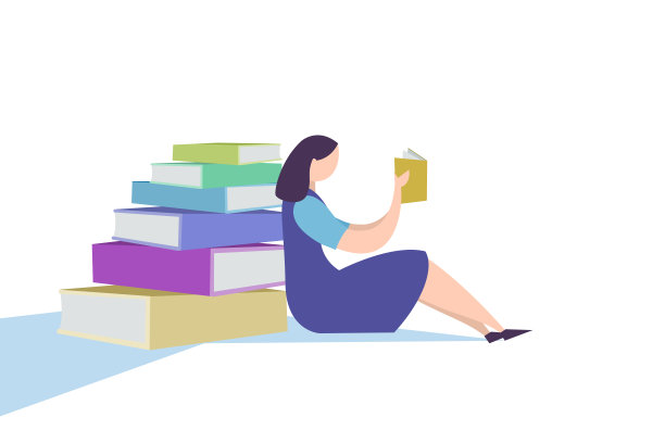 穿制服的女孩坐在一堆书旁边读它图片下载