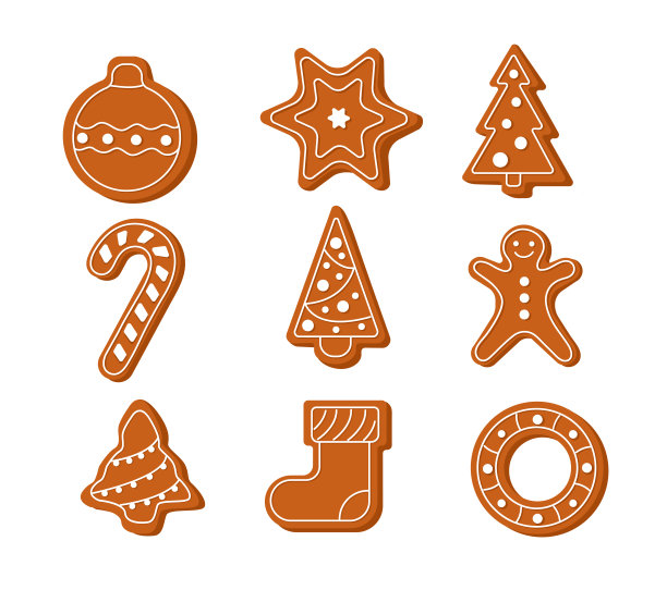 姜饼曲奇。圣诞物品:圣诞树、姜饼人、星星、圣诞袜。新年装饰品，物品，符号，图标。图片下载