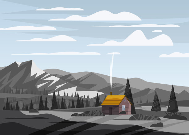 山景谷地乡村乡村，农舍绿草如林，以时尚的平面风格和灰色的单色与山的全景地平线。矢量，插图，孤立，横幅，海报图片下载