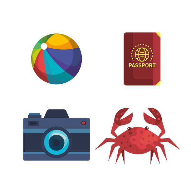 一套沙滩球，护照和照相机与螃蟹图片下载