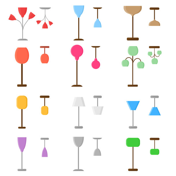 一套不同的灯-吊灯和落地灯。平的图标。现代家居和办公家具的元素。图片下载