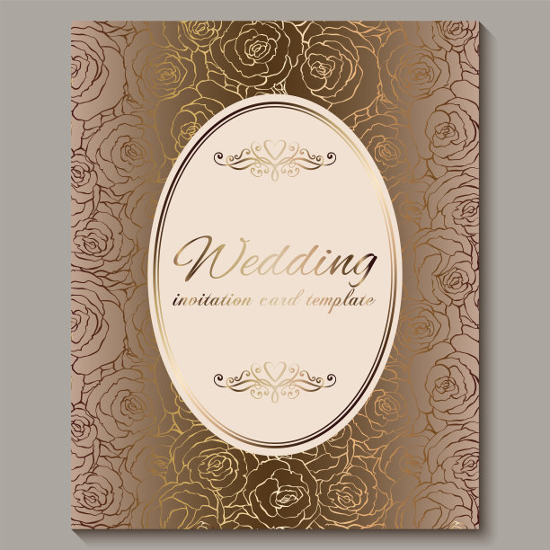 奢华的黄金复古婚礼邀请，花的背景与地方文本，花边树叶与金色光泽的玫瑰梯度。维多利亚风格的壁纸饰品，巴洛克风格的模板设计图片下载