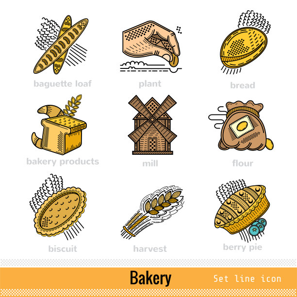 在白色上的面包房和面包房产品轮廓网页图标的设置图片下载
