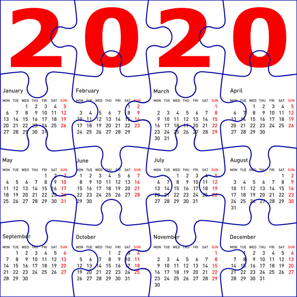 日历为2020年，拼图拼图纹理背景图片下载
