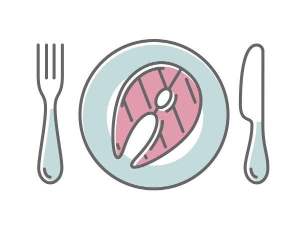 煎鱼俯视图在一个盘子上，图标在一个薄的风格图片下载