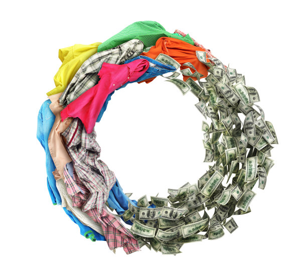 衣服变成了钱，背面孤立在白色的背景上。三维演示图片下载