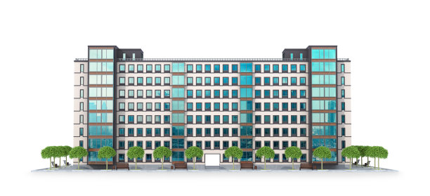 带有广告牌的多层房屋。三维演示图片下载