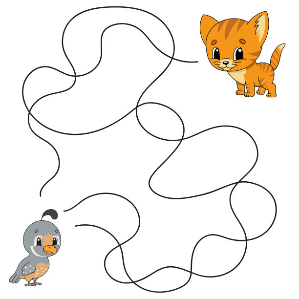 迷宫。游戏对孩子。有趣的迷宫。教育发展工作表。活动页面。对儿童拼图。可爱的卡通风格。幼儿园的谜语。逻辑难题。颜色向量插图。图片下载