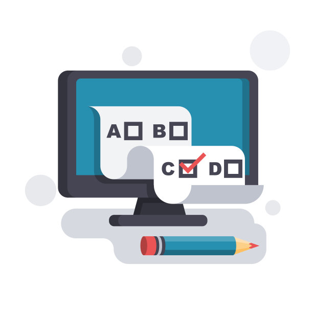 在线测试。检查表和铅笔放在电脑显示器上图片下载