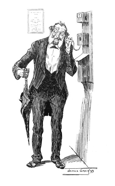 英国讽刺漫画漫画插图人使用一个古董电话图片下载