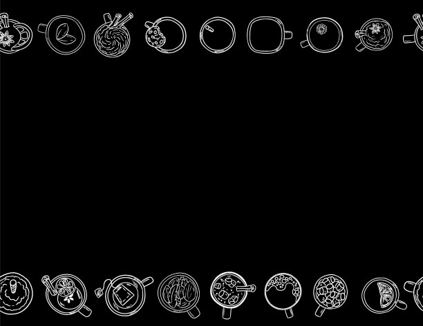 装饰无缝图案与杯子和马克杯。字母黑白黑板模板。卡通手绘纹理背景图片下载