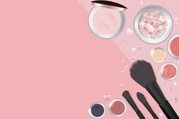 美容产品，化妆品俯视图粉红色背景与复制空间。说明向量。图片下载