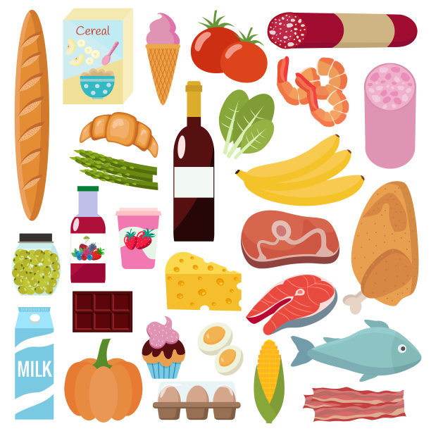 杂货店。牛奶，蔬菜，肉，鸡肉，奶酪，香肠，酒，水果，鱼，麦片，果汁。图片下载