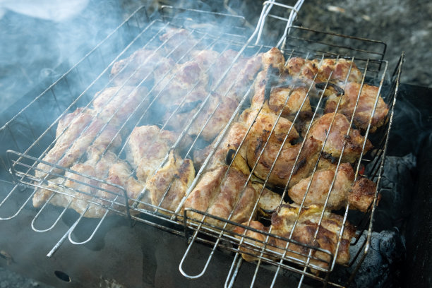 烤肉在炭火上烤着，冒着芬芳的烟图片下载