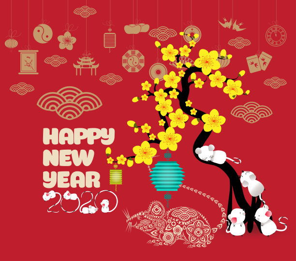 中国新年老鼠与花和灯笼图片下载