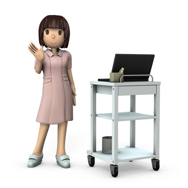 年轻的女护士站在医疗车旁。白色背景。三维演示图片下载