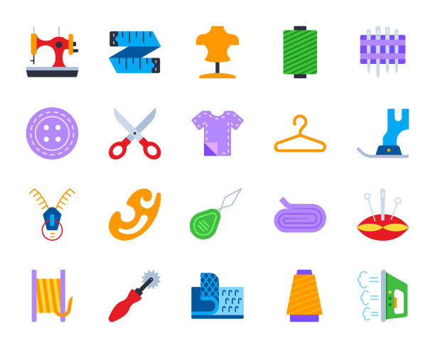 缝纫简单的平面颜色图标向量集图片下载